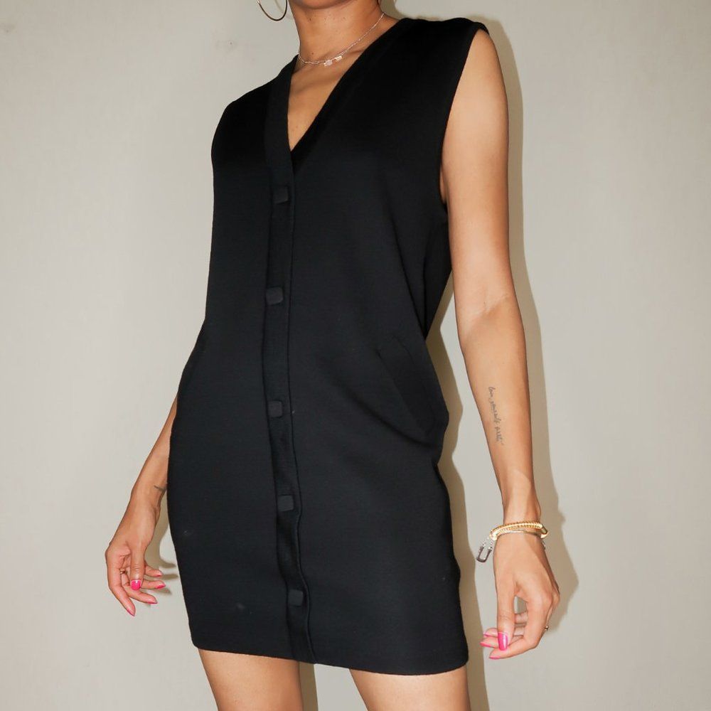 Black Wool Sleeveless V-Neck Knit Button-Up Sweater Dress or Cardigan.  Small
